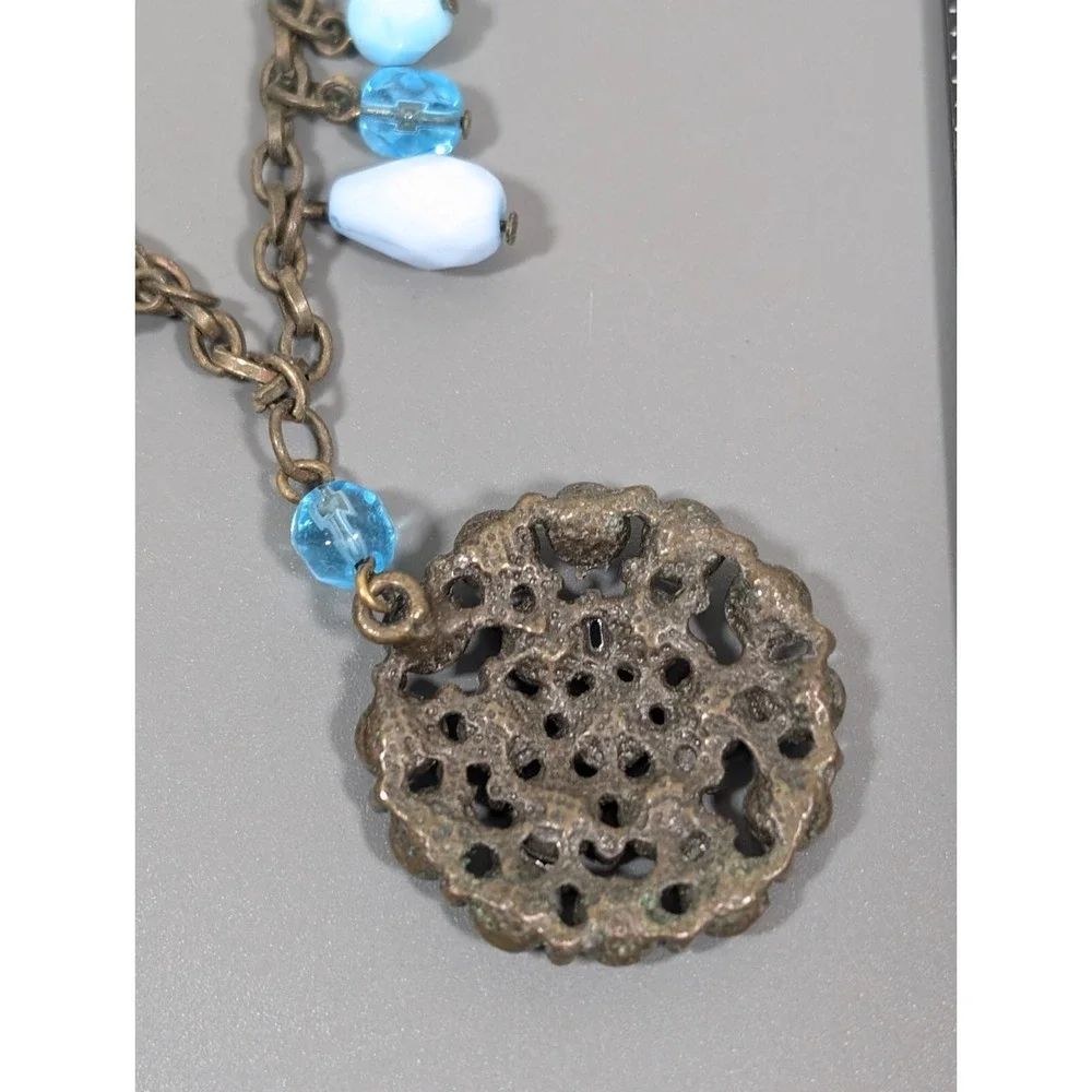 Vida Jewels Blue Rhinestone‎ Medallion Necklace Bronze Boho 21